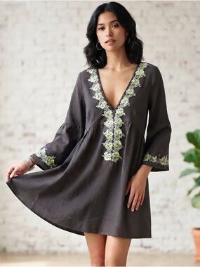 VELA Gray Embroidered Floral Babydoll Dress V-Neck Bell Sleeve Mini Dress Indian